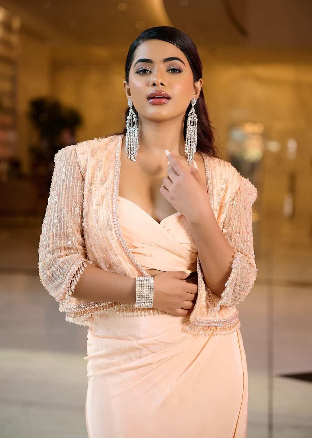 Light Peach Pleated Blouse With Short Jacket And Draped Frill Skirt