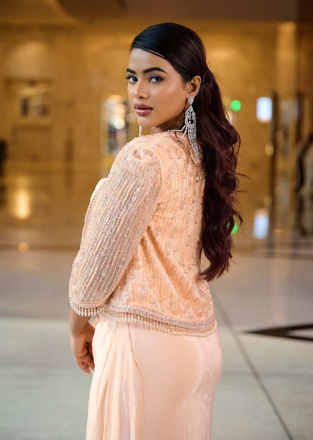 Light Peach Pleated Blouse With Short Jacket And Draped Frill Skirt