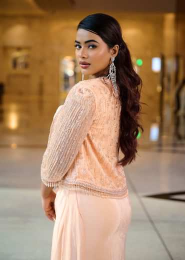 Light Peach Pleated Blouse With Short Jacket And Draped Frill Skirt