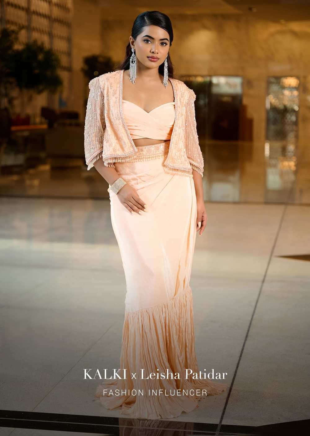 Light Peach Pleated Blouse With Short Jacket And Draped Frill Skirt