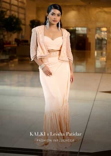 Light Peach Pleated Blouse With Short Jacket And Draped Frill Skirt