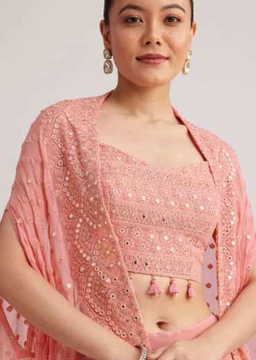 Light Pink Georgette Palazzo Set With Embroidered Cape