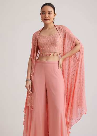 Light Pink Georgette Palazzo Set With Embroidered Cape