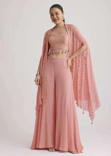 Light Pink Georgette Palazzo Set With Embroidered Cape