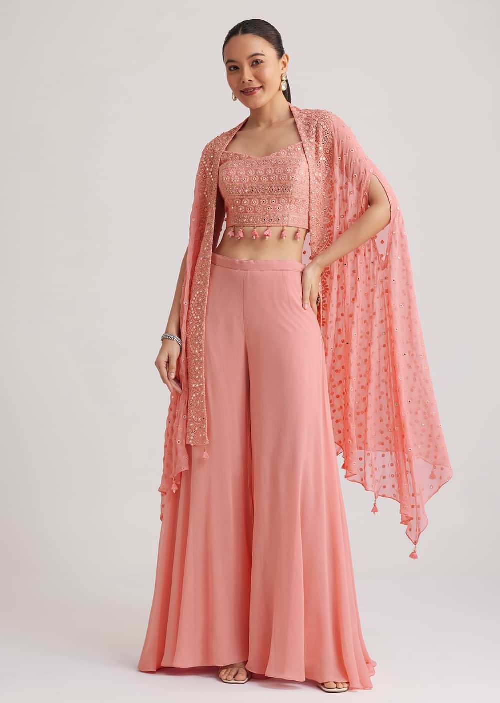 Light Pink Georgette Palazzo Set With Embroidered Cape