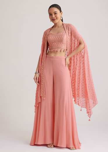 Light Pink Georgette Palazzo Set With Embroidered Cape
