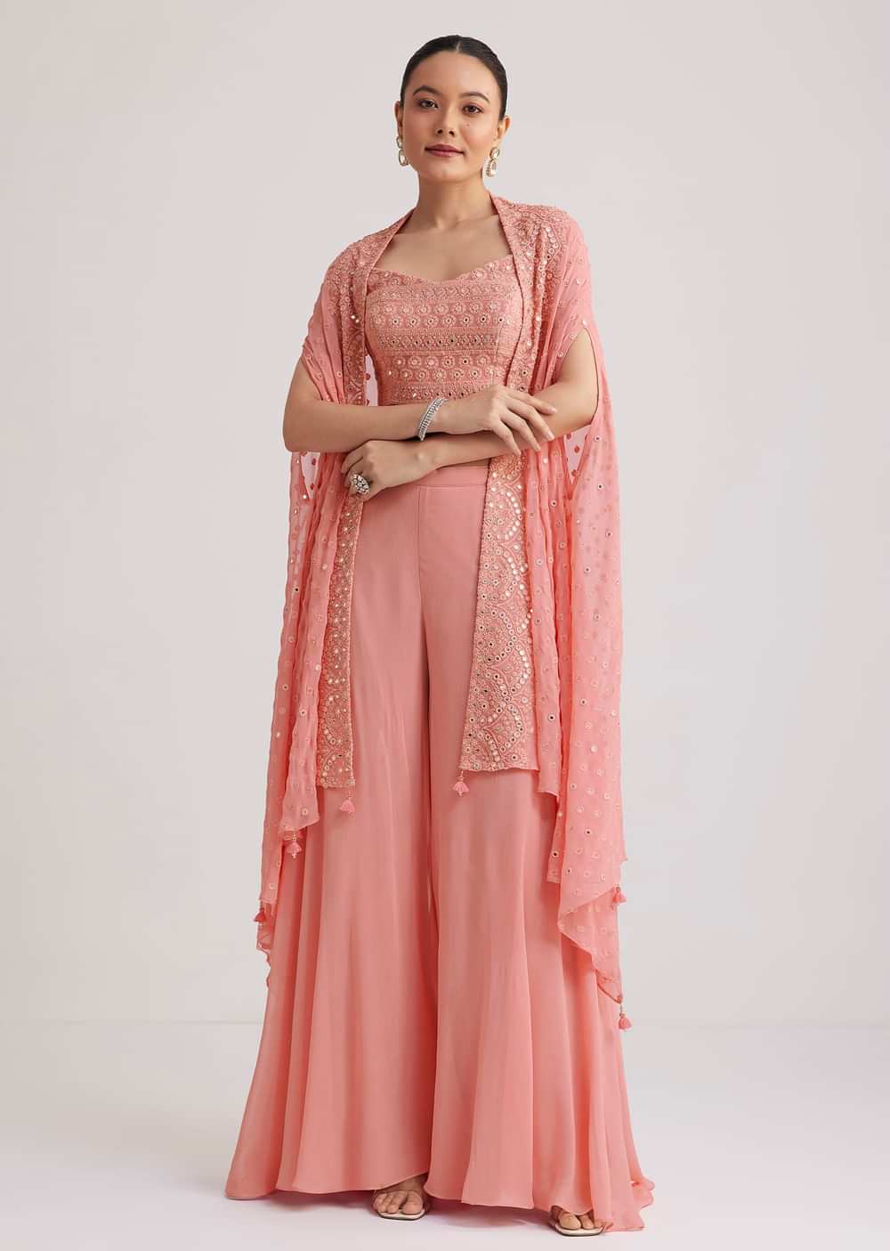 Light Pink Georgette Palazzo Set With Embroidered Cape