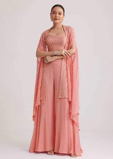 Light Pink Georgette Palazzo Set With Embroidered Cape