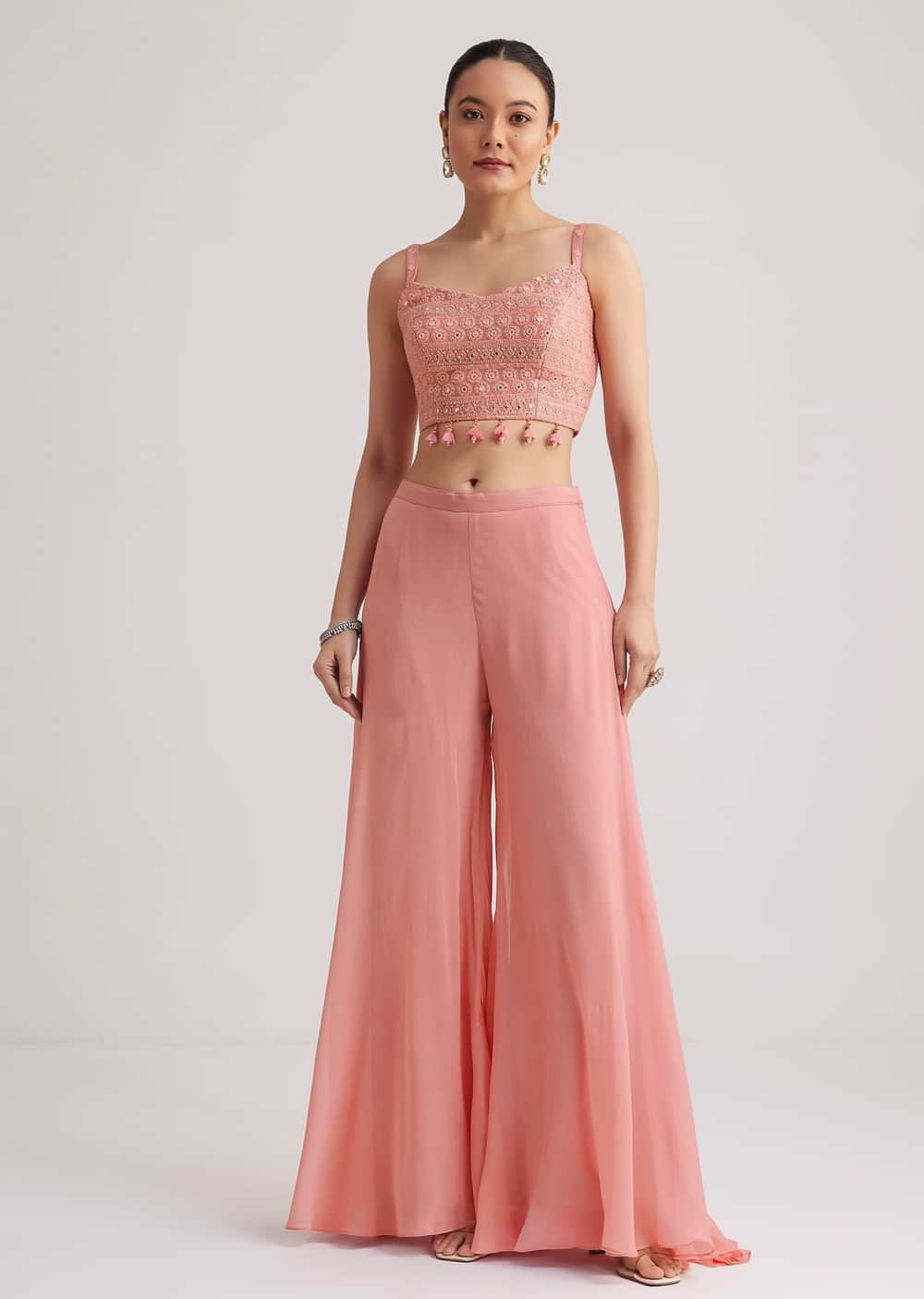 Light Pink Georgette Palazzo Set With Embroidered Cape