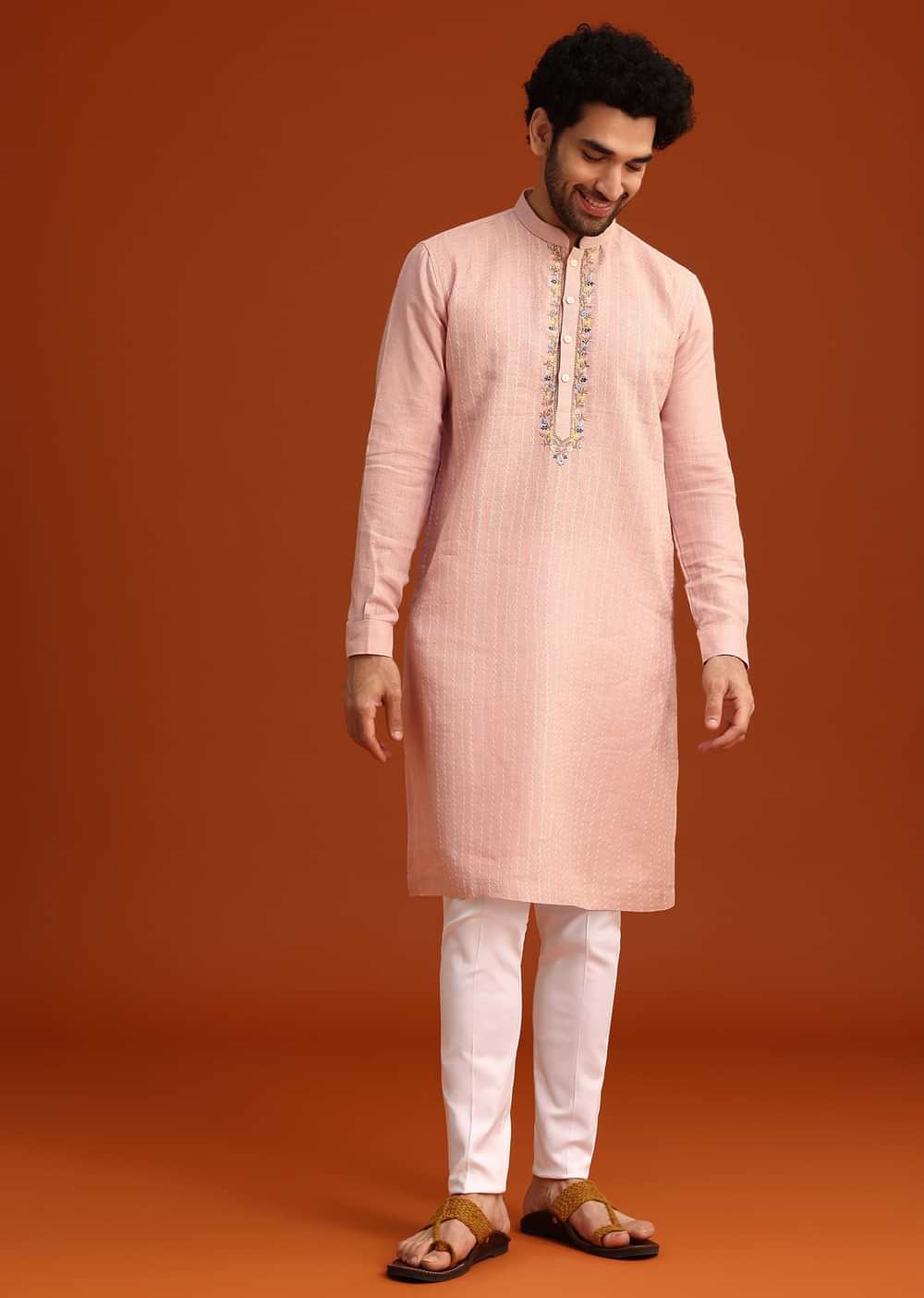 Light Pink Hand Embroidered Kurta And Pant Set