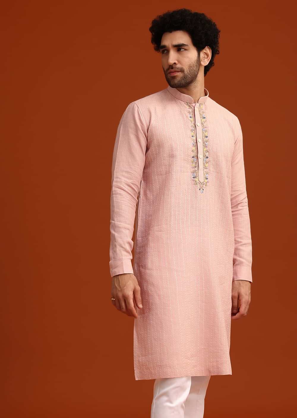 Light Pink Hand Embroidered Kurta And Pant Set