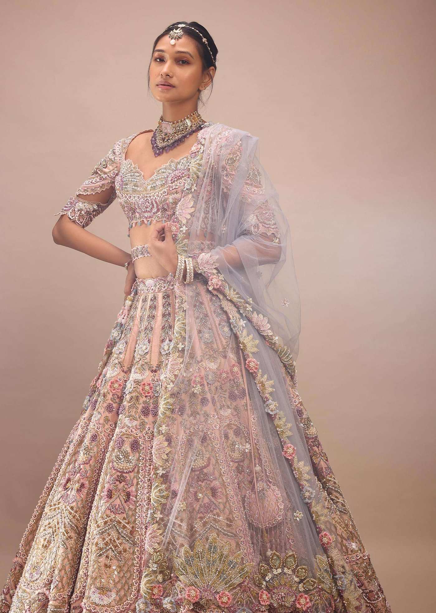 Light Pink Lehenga Set With A Choli In Moti Embroidery, Crop Top Comes In Half Sleeves With Cut Work