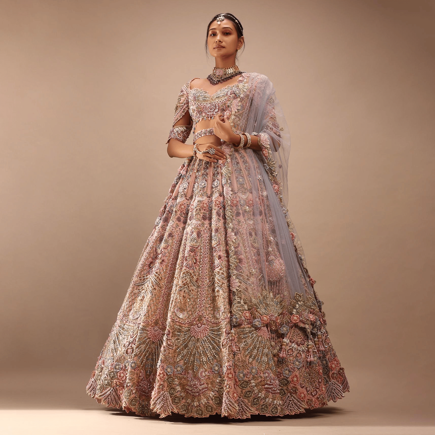 Light Pink Lehenga Set With A Choli In Moti Embroidery, Crop Top Comes In Half Sleeves With Cut Work