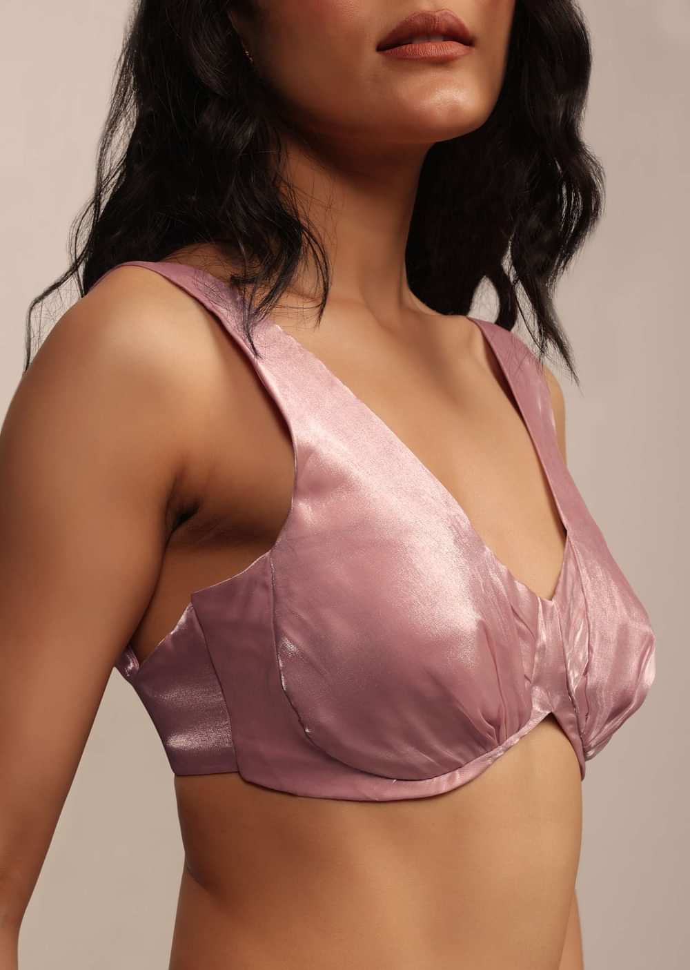 Light Pink Sleeveless Blouse In Organza With V Neckline