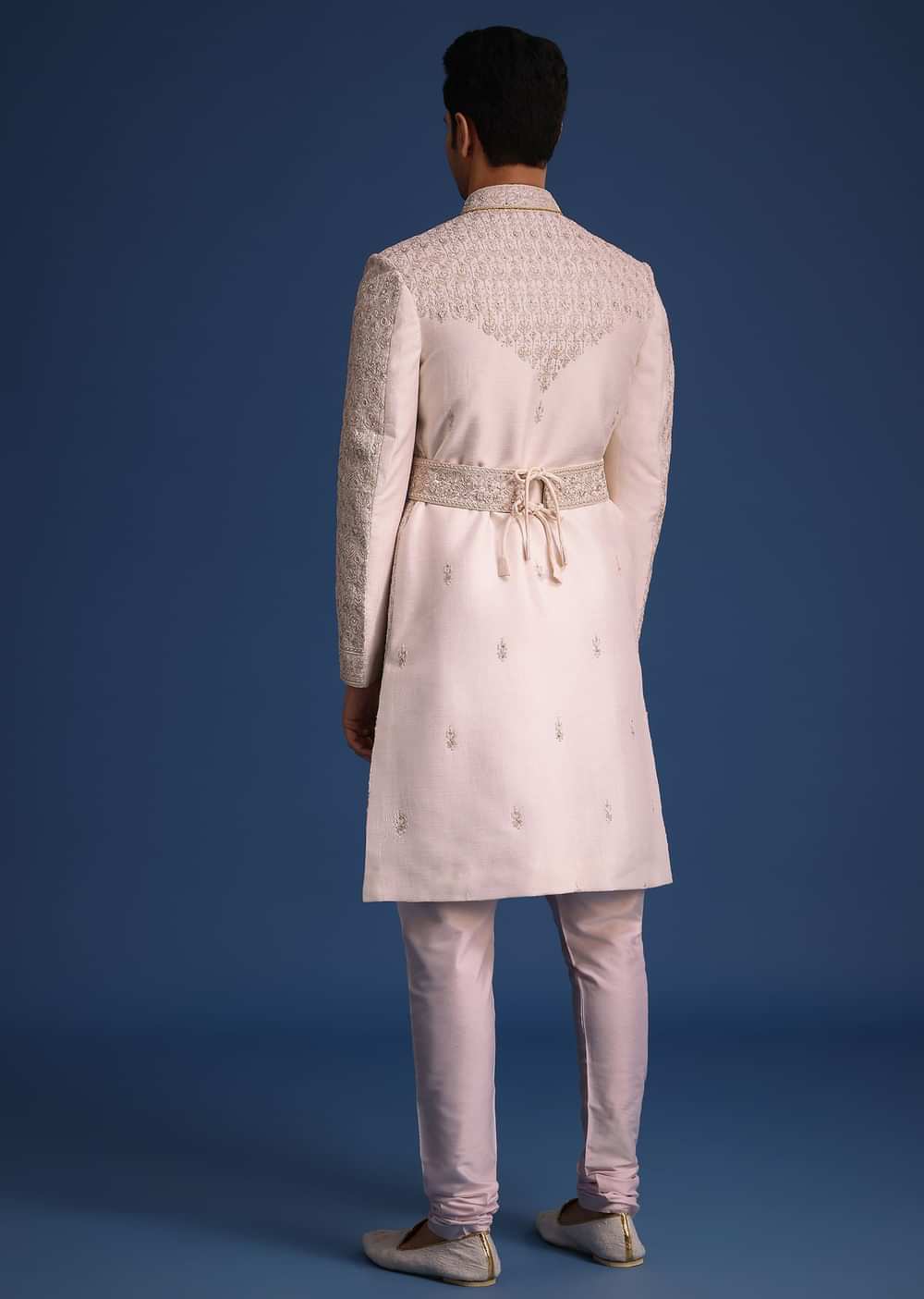 Light Pink Zari Work Silk Sherwani Set With Dupatta