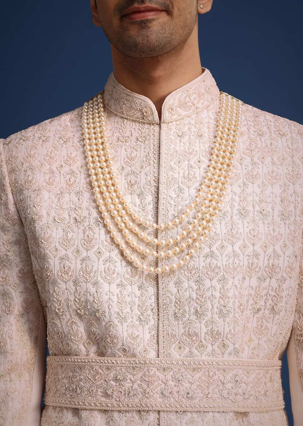Light Pink Zari Work Silk Sherwani Set With Dupatta