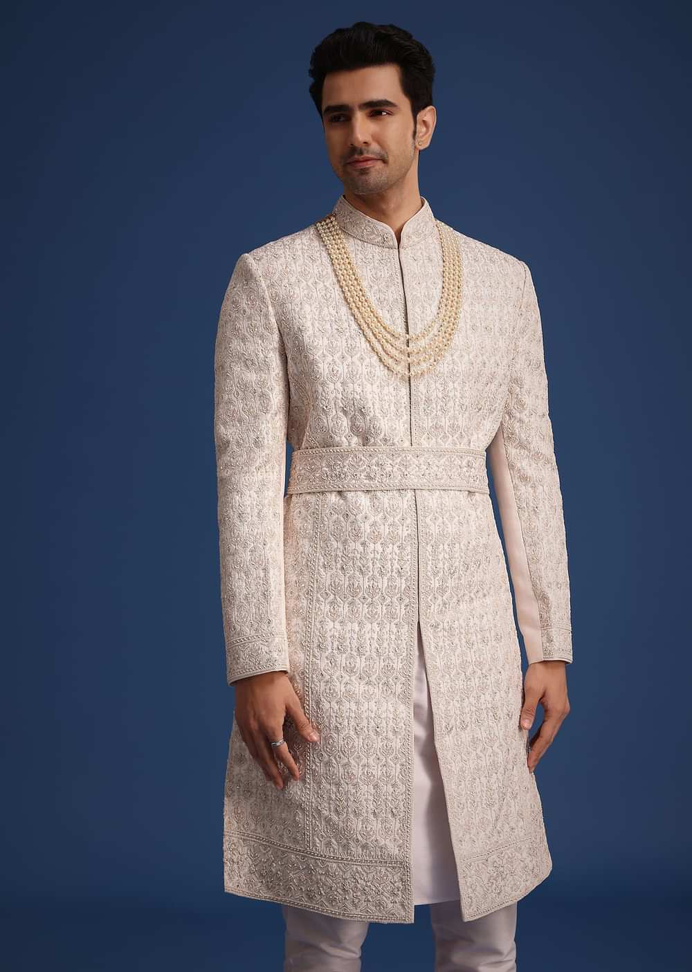 Light Pink Zari Work Silk Sherwani Set With Dupatta