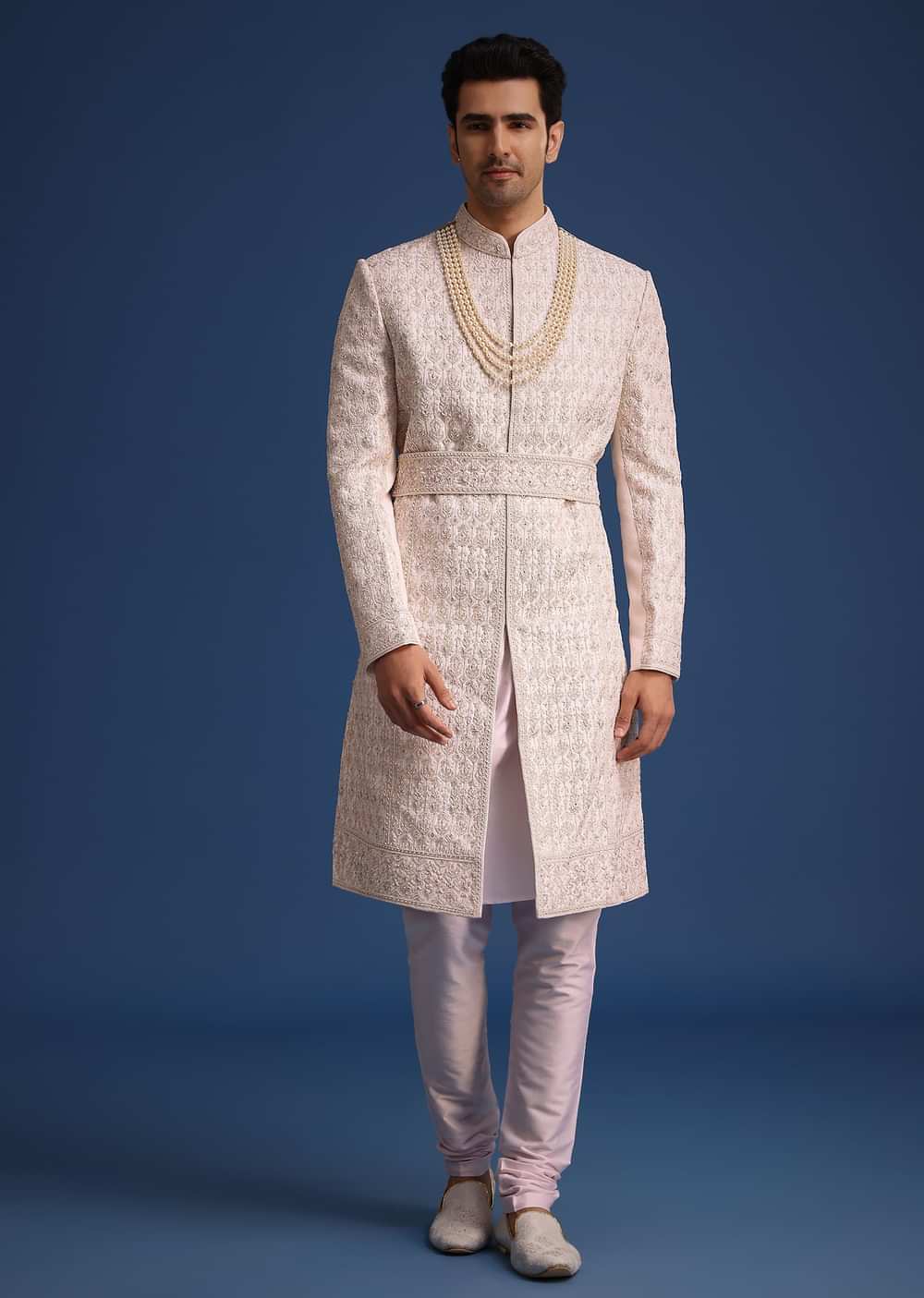 Light Pink Zari Work Silk Sherwani Set With Dupatta