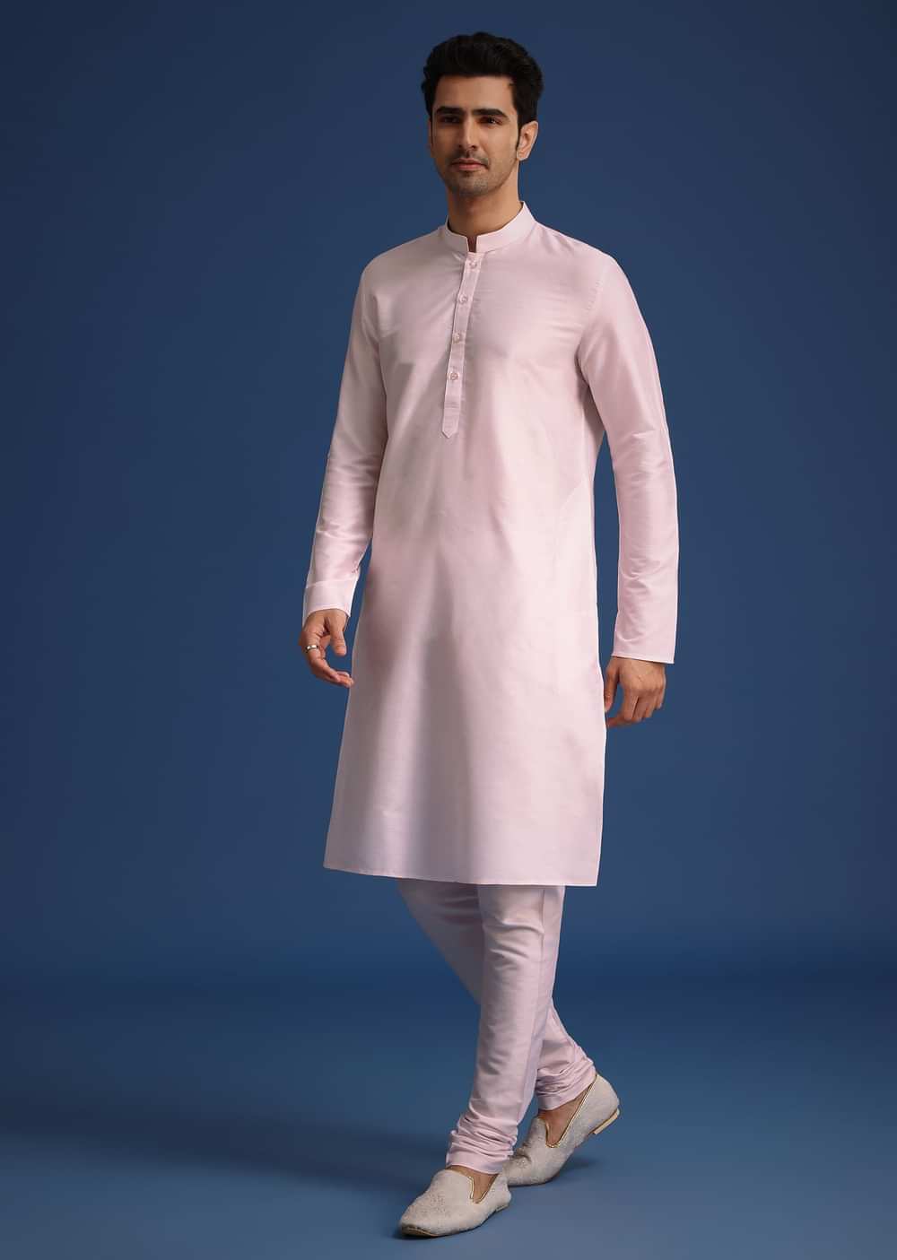 Light Pink Zari Work Silk Sherwani Set With Dupatta