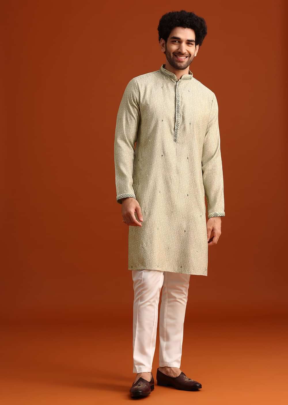 Light Pista Cotton Silk Jacket Kurta And Jacket Set With Mirror Work