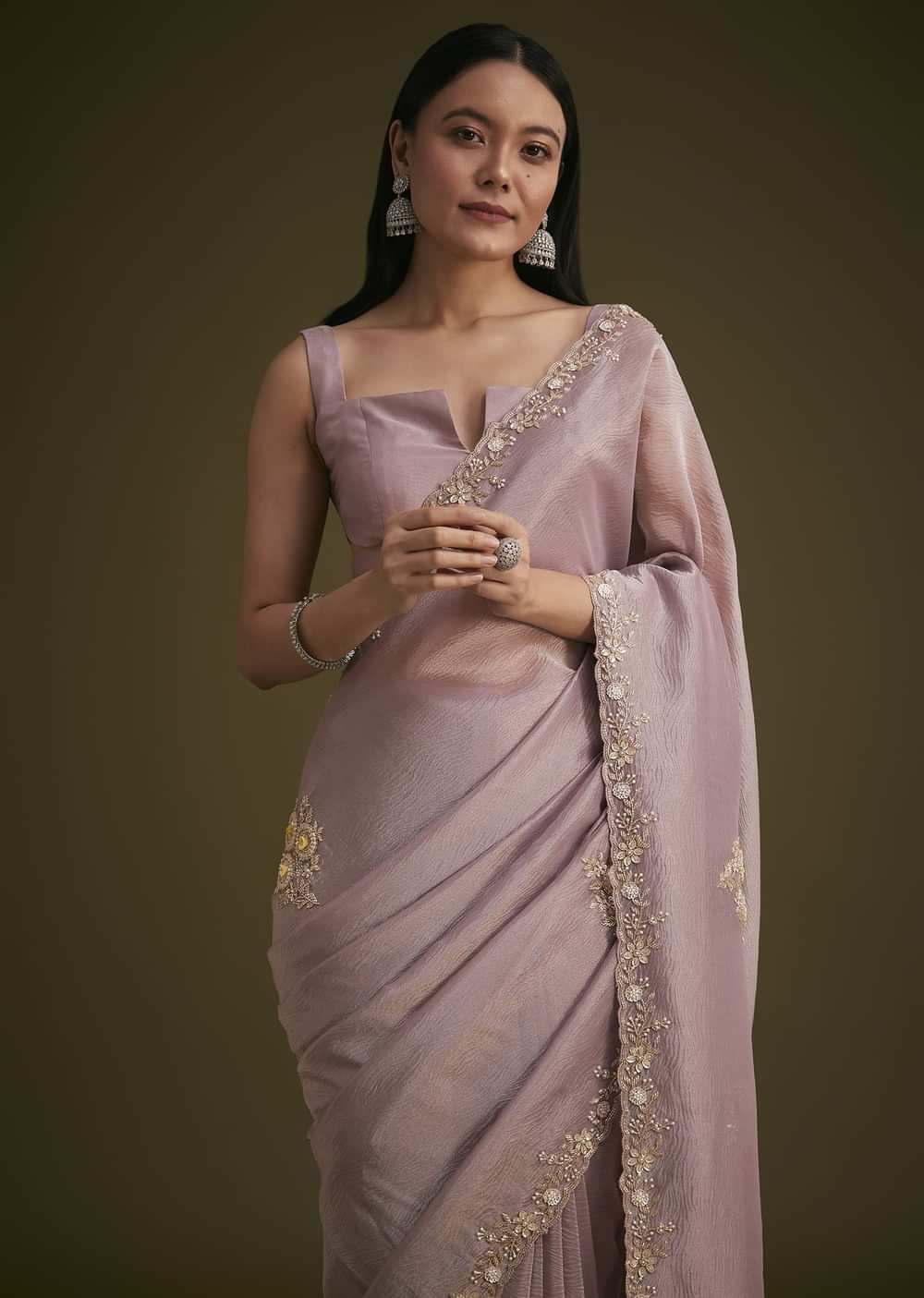 Light Purple Tissue Saree With Floral Embroidery