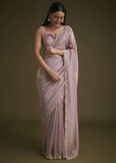 Light Purple Tissue Saree With Floral Embroidery