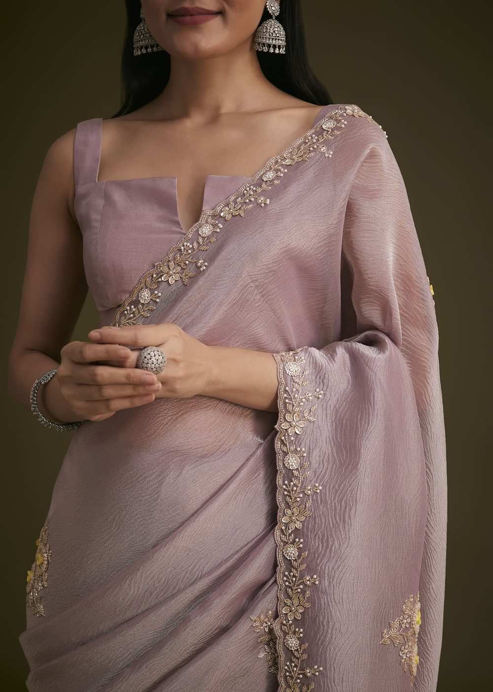 Light Purple Tissue Saree With Floral Embroidery