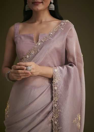 Light Purple Tissue Saree With Floral Embroidery