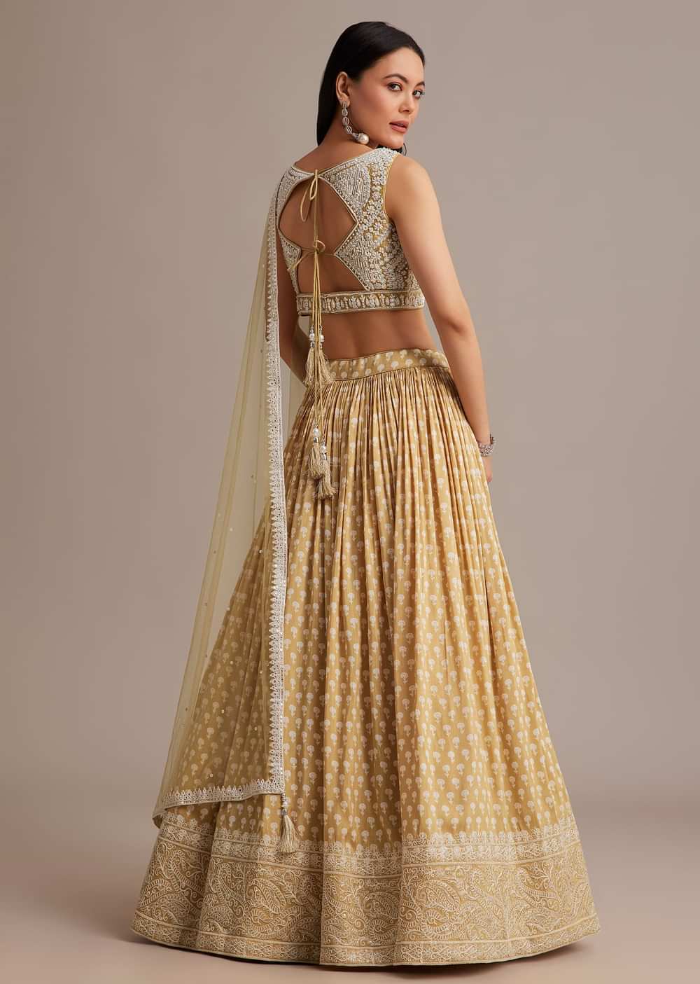Light Yellow Printed Lehenga Set With Mirror And Moti Work