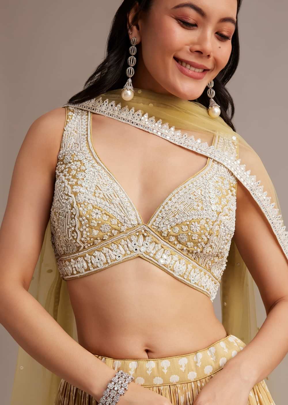 Light Yellow Printed Lehenga Set With Mirror And Moti Work