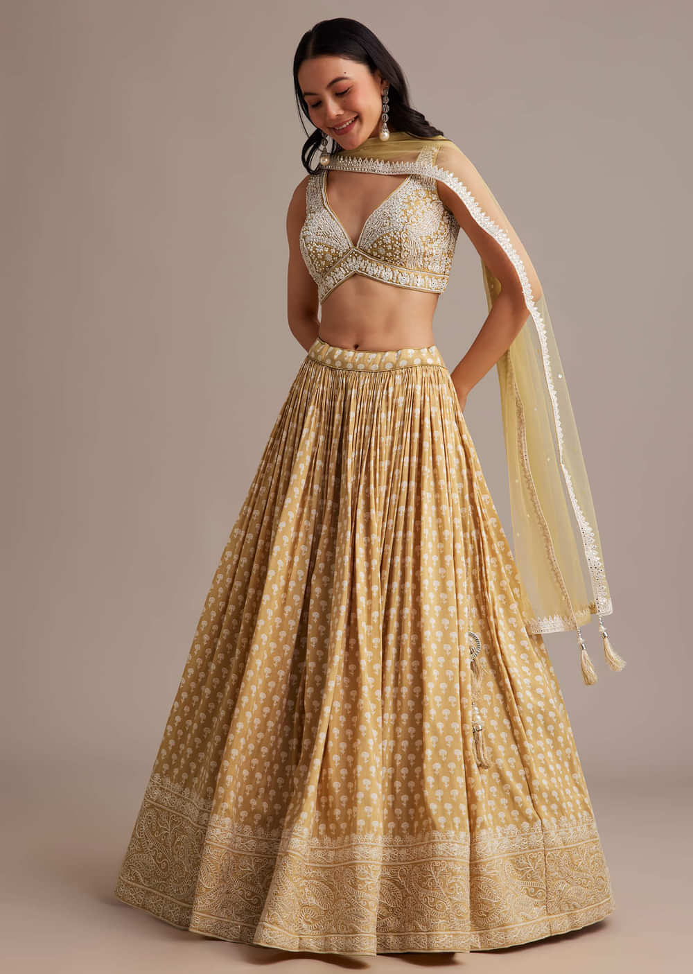 Light Yellow Printed Lehenga Set With Mirror And Moti Work