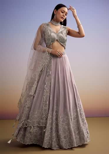 Lilac Chinon Lehenga Set With Beaded And Cut Dana Work
