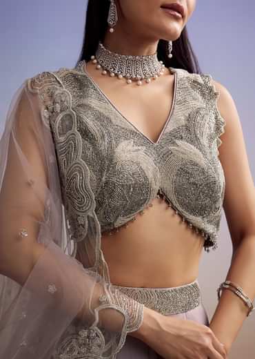 Lilac Chinon Lehenga Set With Beaded And Cut Dana Work