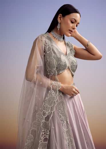Lilac Chinon Lehenga Set With Beaded And Cut Dana Work