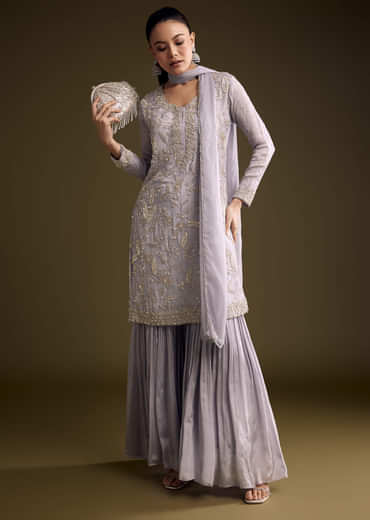 Lilac Chinon Sharara Suit With Cutdana And Sequins Embroidery