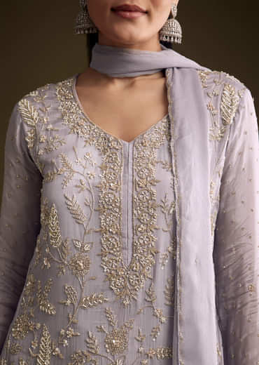 Lilac Chinon Sharara Suit With Cutdana And Sequins Embroidery