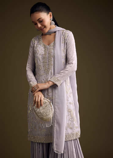 Lilac Chinon Sharara Suit With Cutdana And Sequins Embroidery