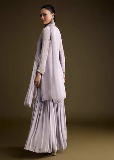 Lilac Chinon Sharara Suit With Cutdana And Sequins Embroidery