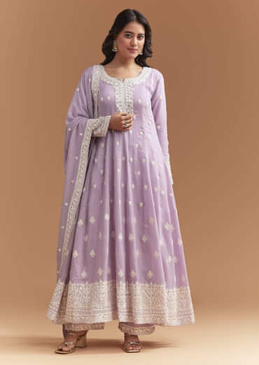 Lilac Cotton Anarkali Suit With Delicate Thread Work