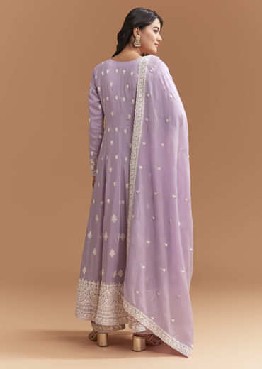 Lilac Cotton Anarkali Suit With Delicate Thread Work