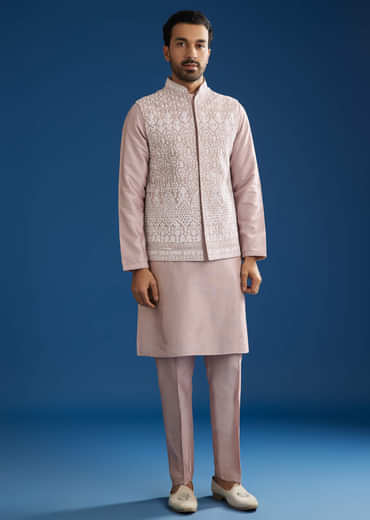 Lilac Cotton Silk Jacket Kurta Set With Mirror And Dori Embroidery