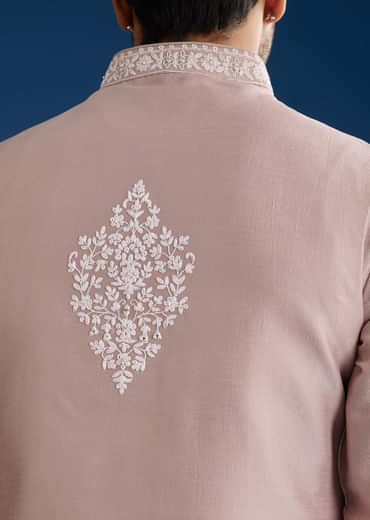 Lilac Cotton Silk Jacket Kurta Set With Mirror And Dori Embroidery