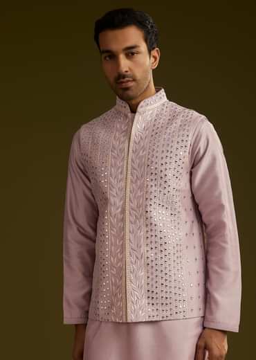 Lilac Cotton Silk Kurta Set With Mirror Threadwork Jacket