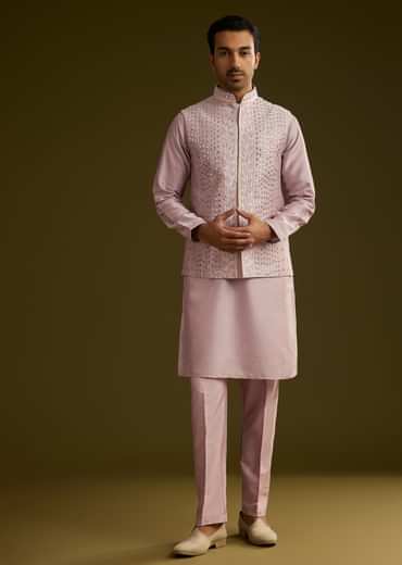 Lilac Cotton Silk Kurta Set With Mirror Threadwork Jacket