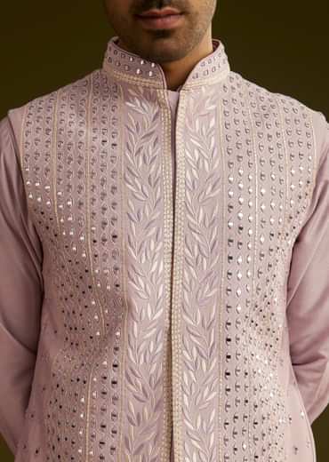 Lilac Cotton Silk Kurta Set With Mirror Threadwork Jacket