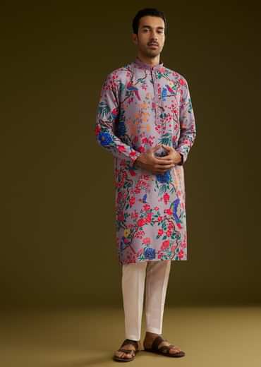 Lilac Floral Printed Silk Kurta Set