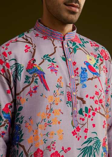 Lilac Floral Printed Silk Kurta Set