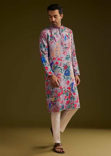 Lilac Floral Printed Silk Kurta Set