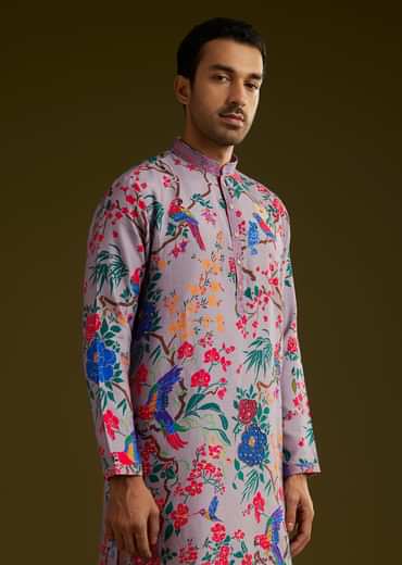 Lilac Floral Printed Silk Kurta Set