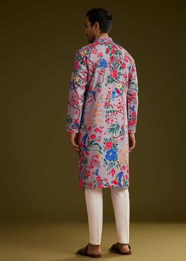 Lilac Floral Printed Silk Kurta Set